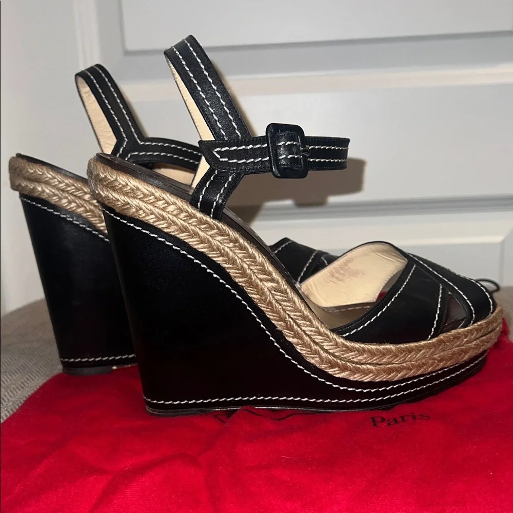 Christian Louboutin Black and Natural Espadrille Wedge Sandals
